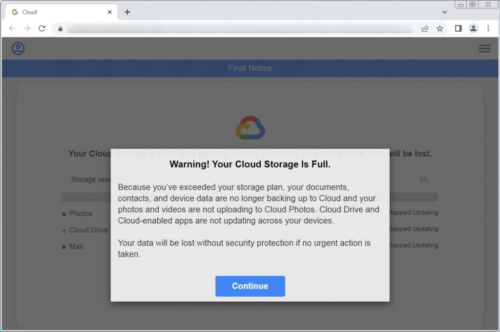 Phishing page warns that your cloud storage is full