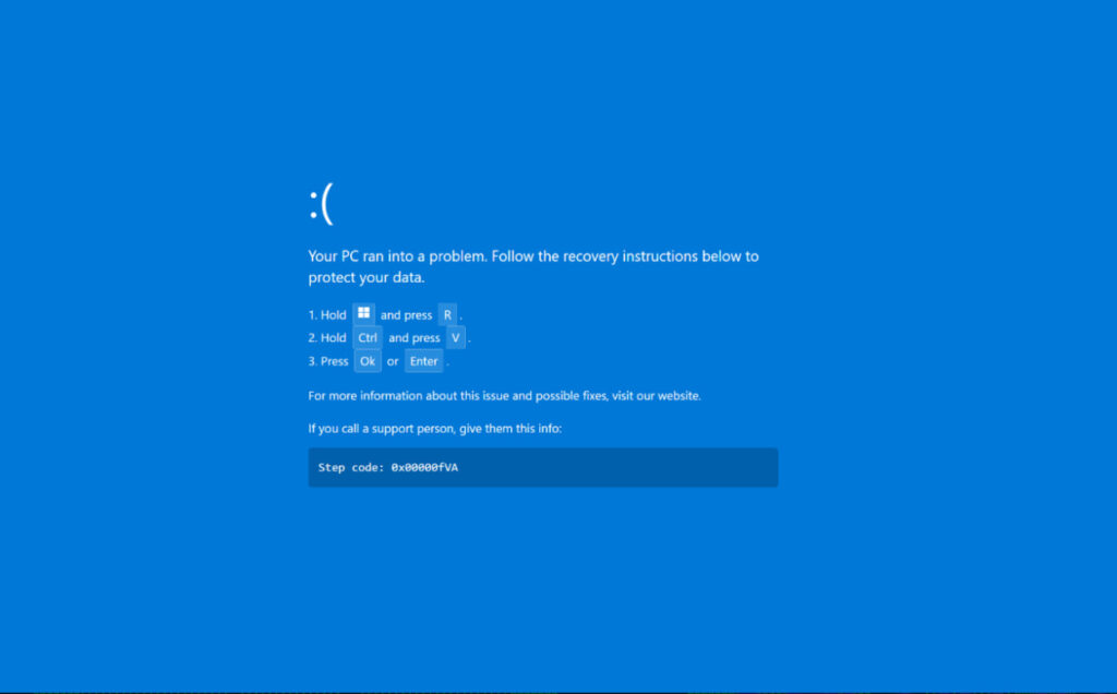The ClickFix BSOD screen displayed on the victim's browser