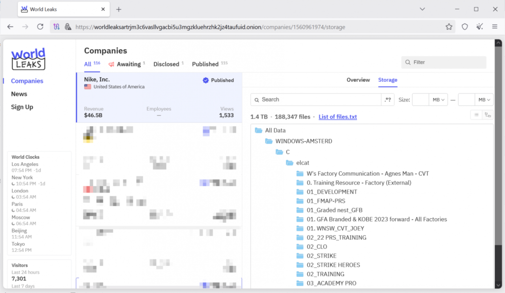 Nike's entry on World Leaks' leak website
