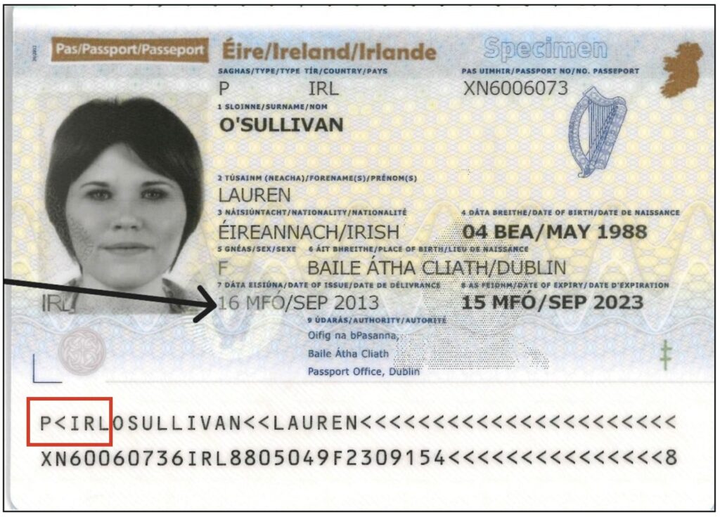 Sample Irish passport bio page showing Issue Date and MRZ