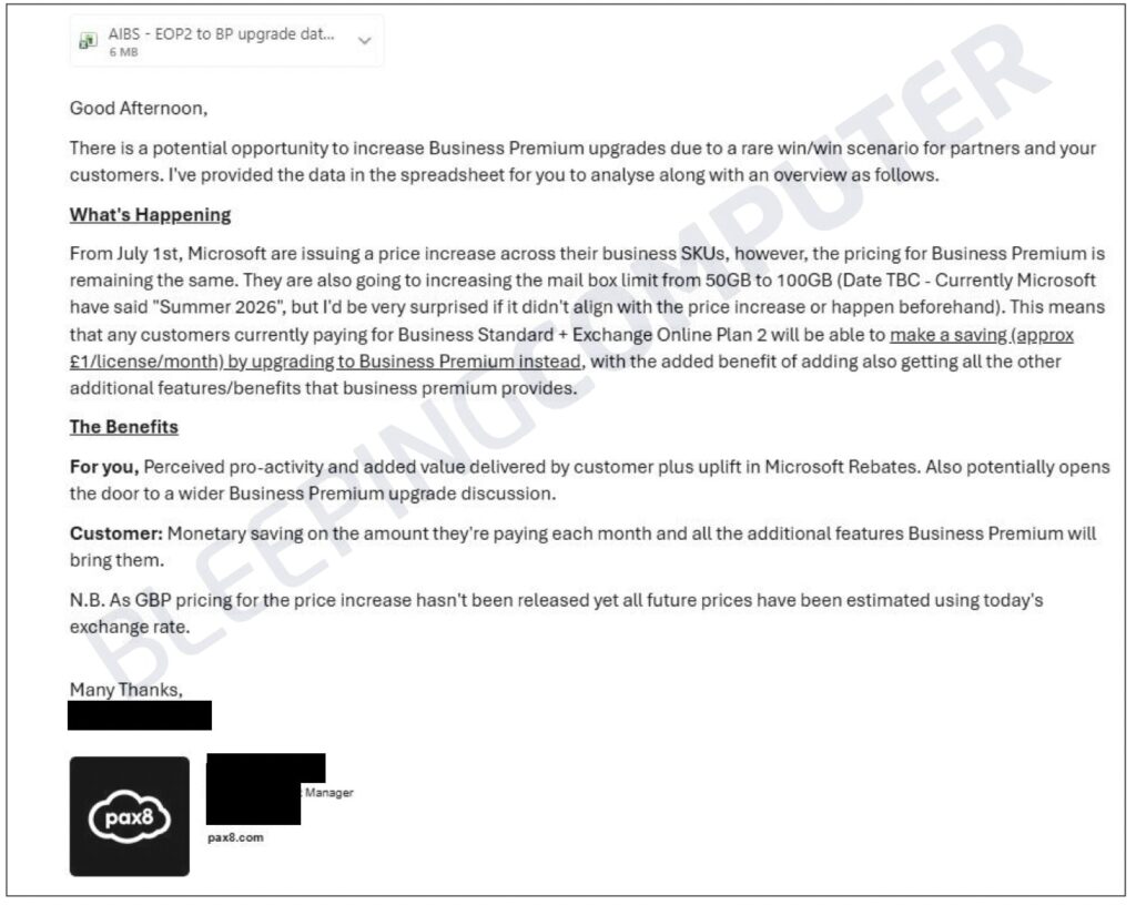 Pax8 email sent to MSPs containing the spreadsheet with customer data