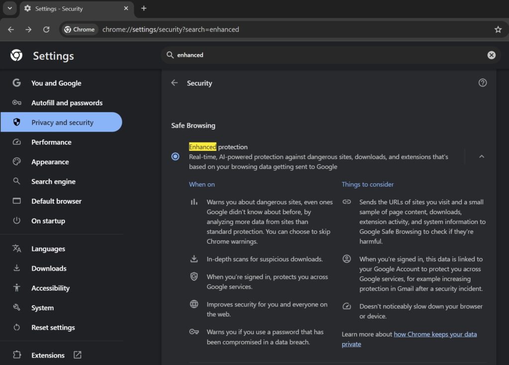 AI powered Enhanced protection in Chrome stable