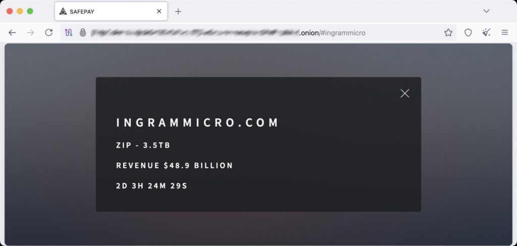 Ingram Micro entry on SafePay's leak site