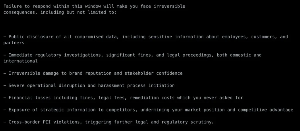 Snippet of the ShinyHunters ransom note