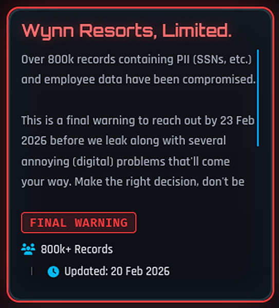 Wynn Resorts listing on the ShinyHunters data leak site