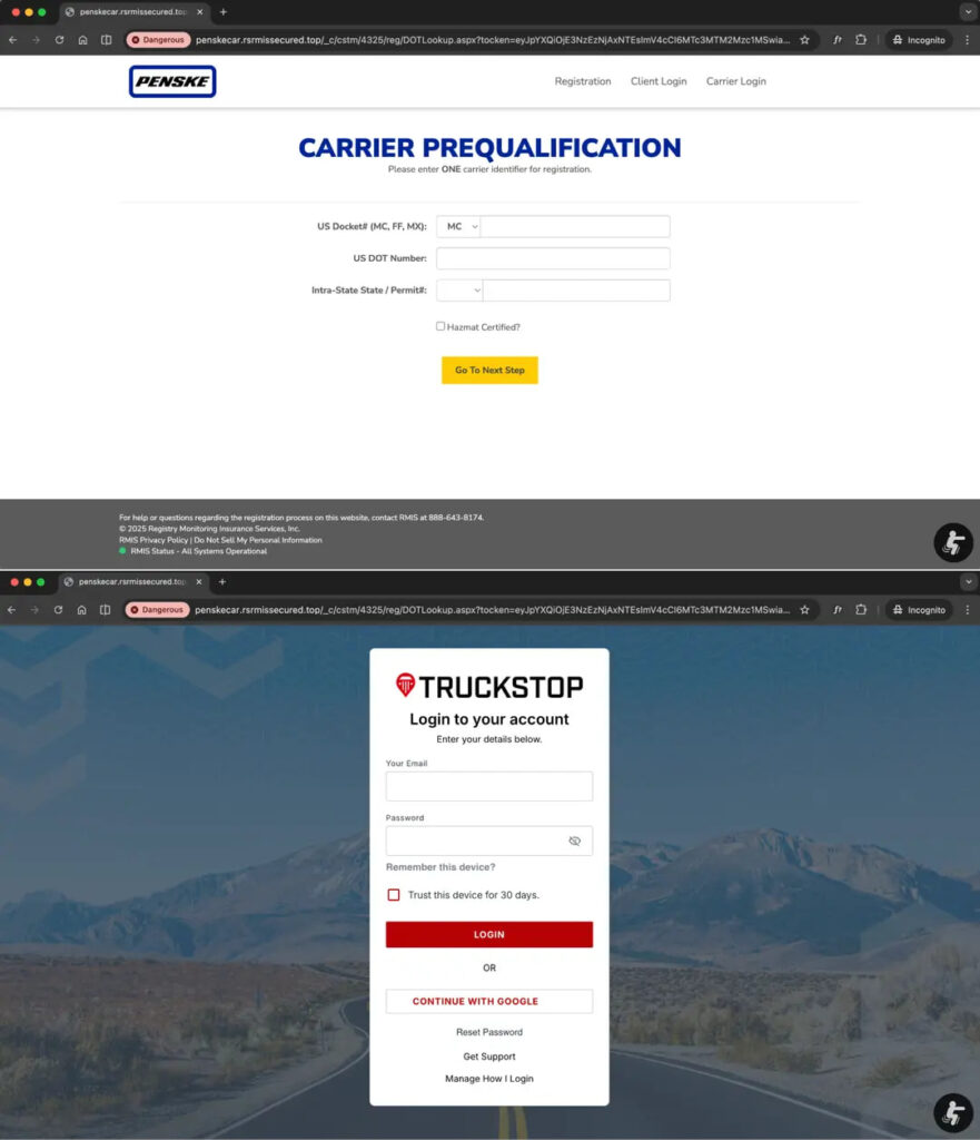 Two phishing pages used in the same attack