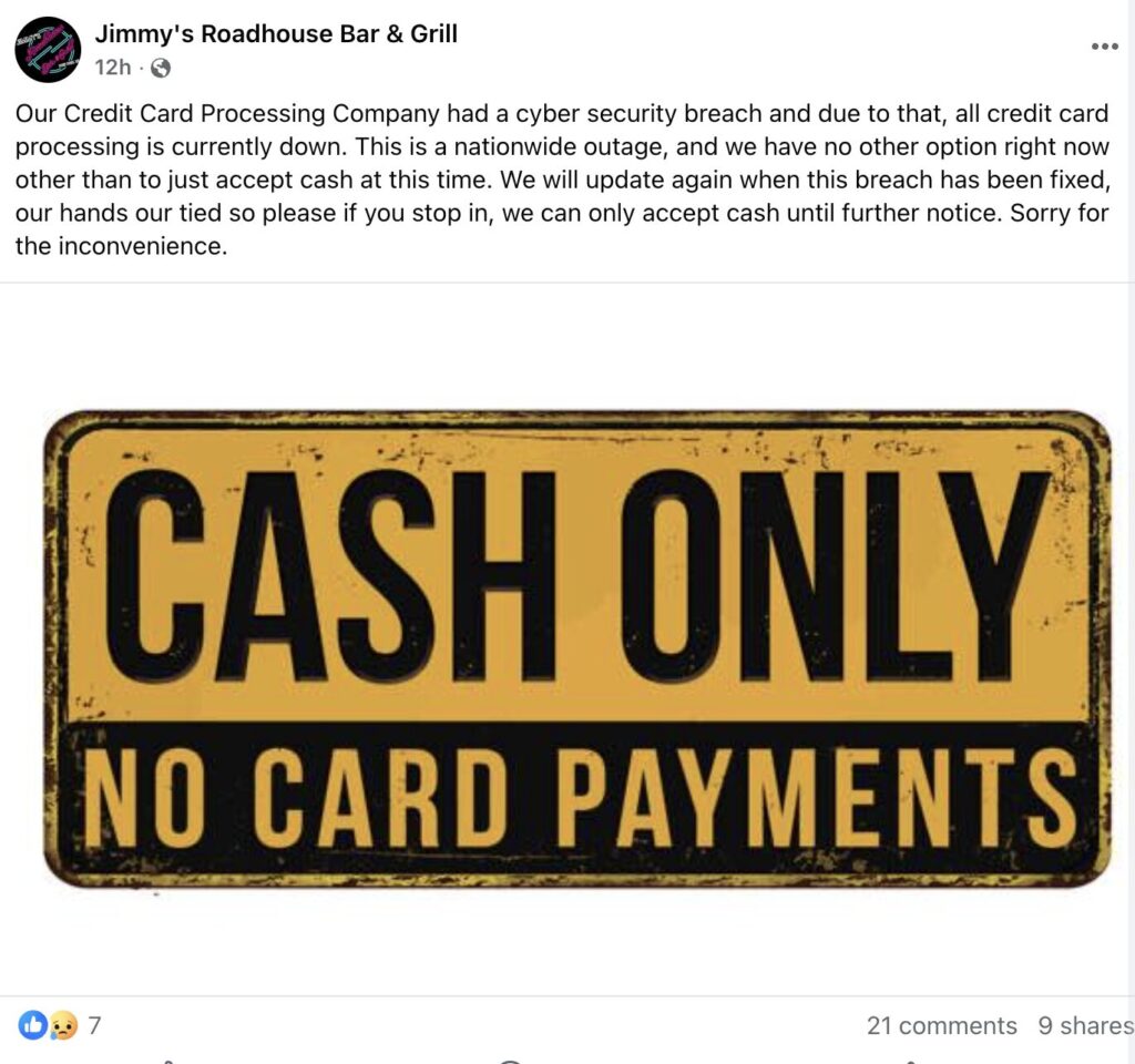 Restaurant says it can only take cash payments during a POS outage 
