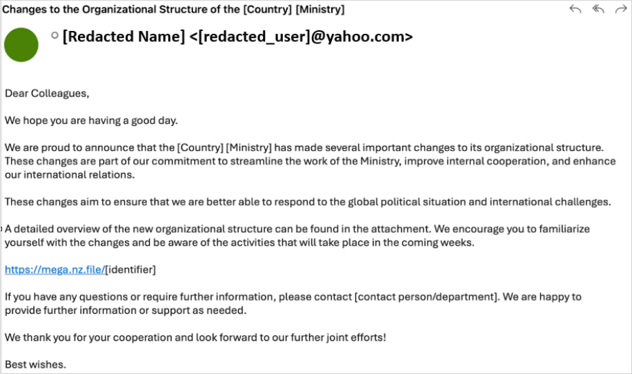 Sample of the phishing email used in Shadow Campaigns operations