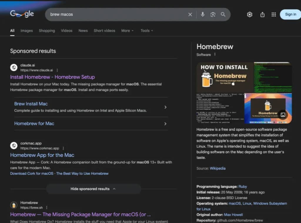 Malicious HomeBrew search results