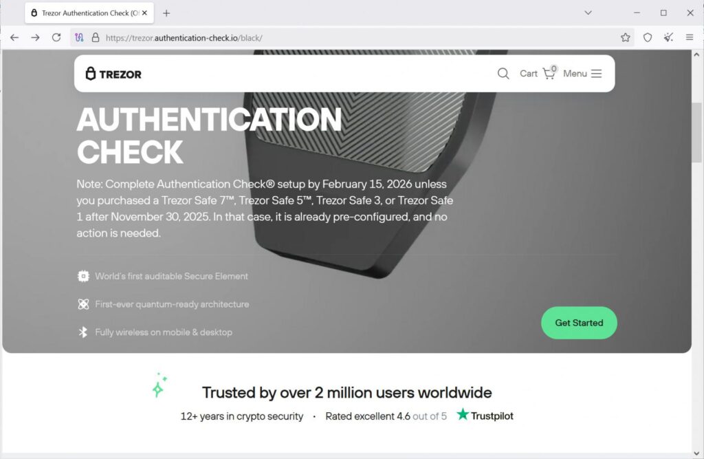 Trezor phishing site "Authentication Check" landing page