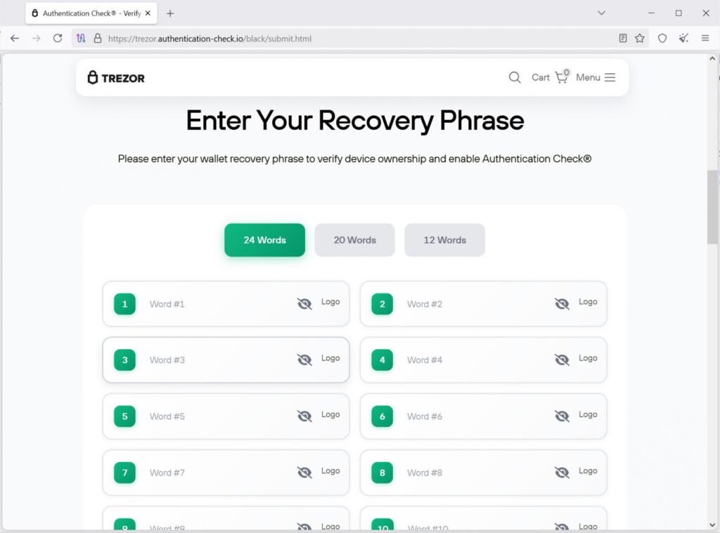 Phishing site attempting to steal recovery phrase