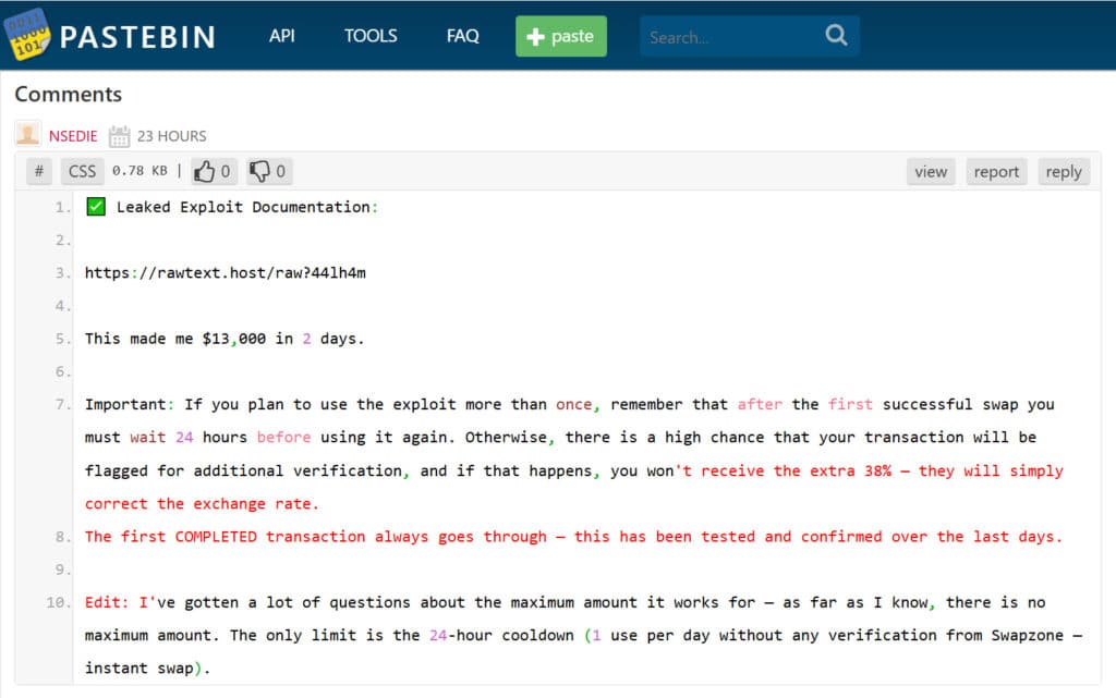Phishing comment on Pastebin