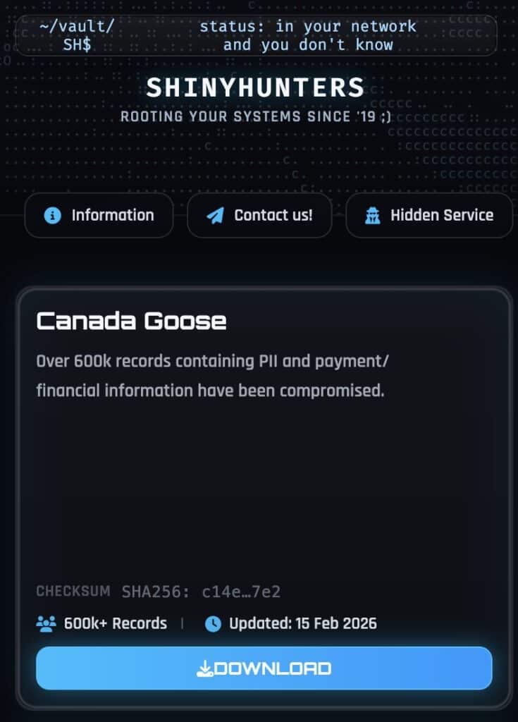 ShinyHunters data leak site listing Canada Goose and 600K records