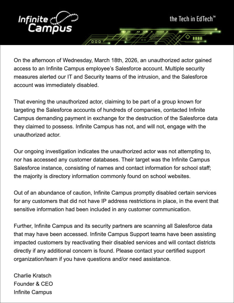 Infinite Campus breach notification to customers