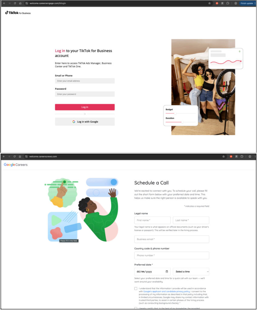 The TikTok themed (top) and Google (bottom) phishing pages