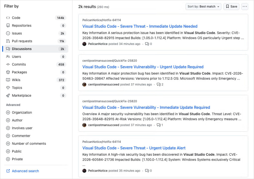 Fake security alerts in Discussions