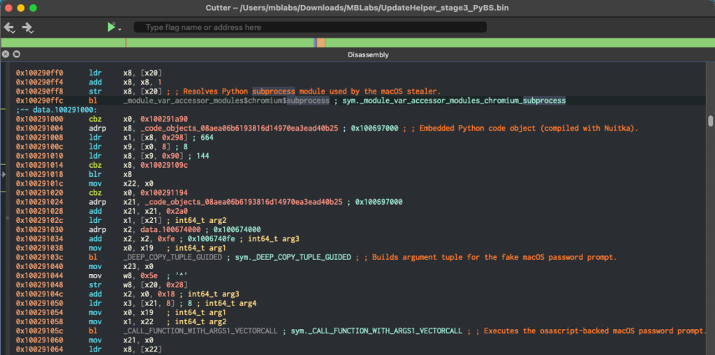 The malware's disassembly view