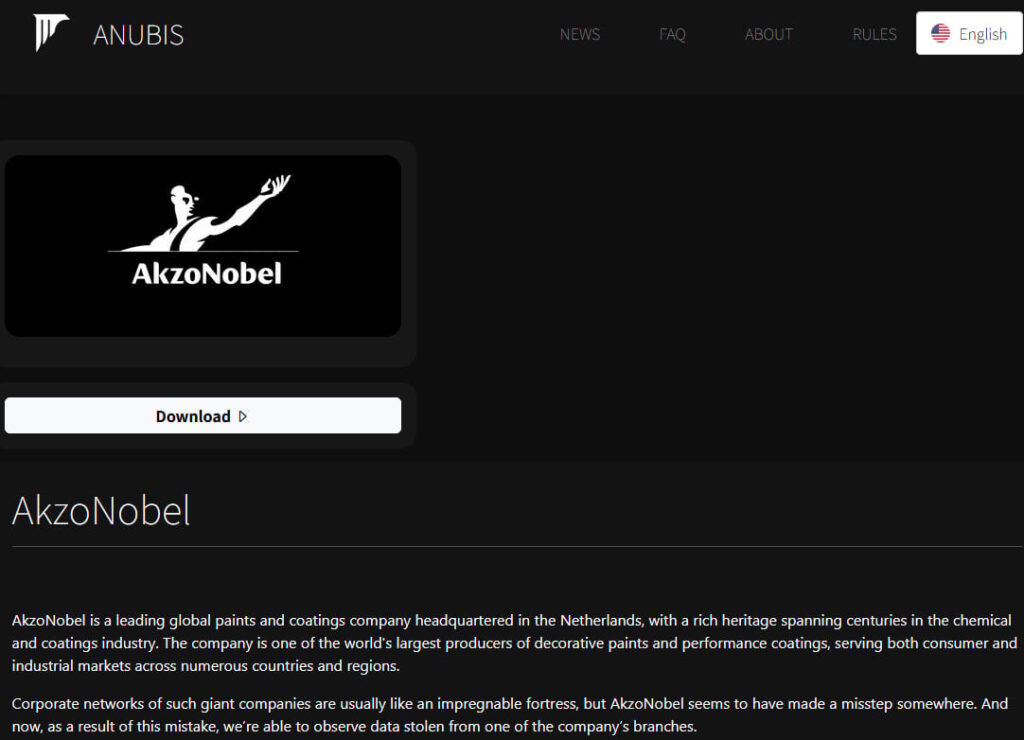AkzoNobel entry on the Anubis ransomware site