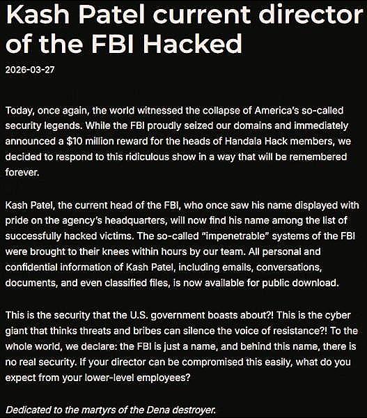 Handala hackers announcing FBI Director Patel's inbox hack