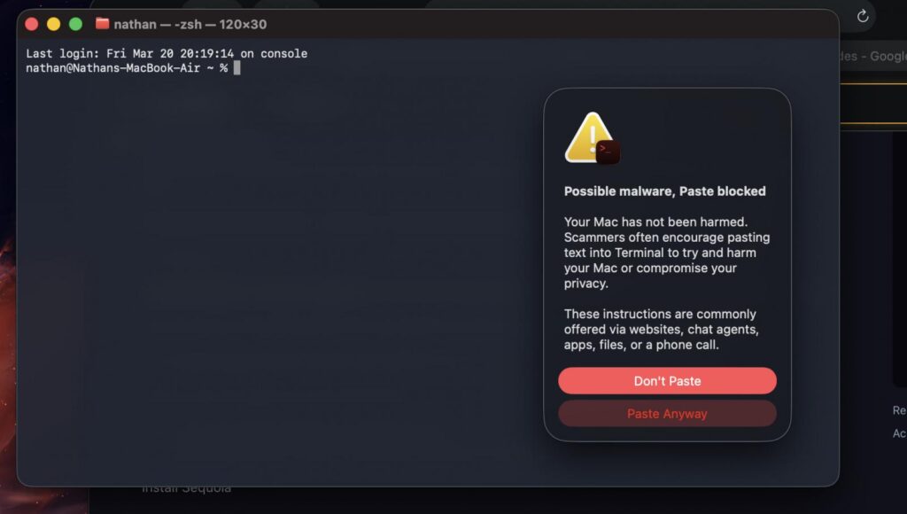 macOS's new warning prompt on risky pastes