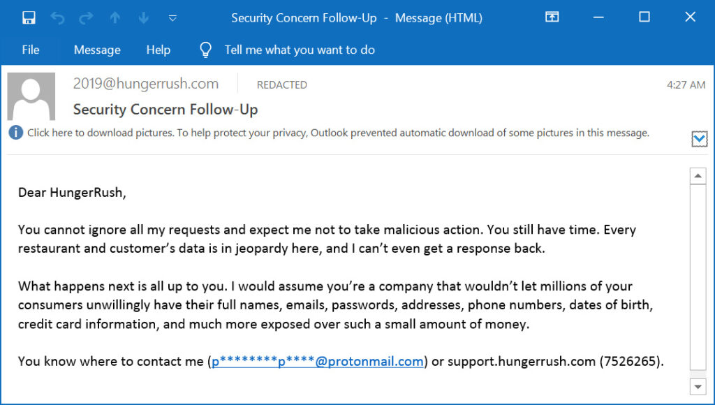 Second extortion email sent to HungerRush clients' customers