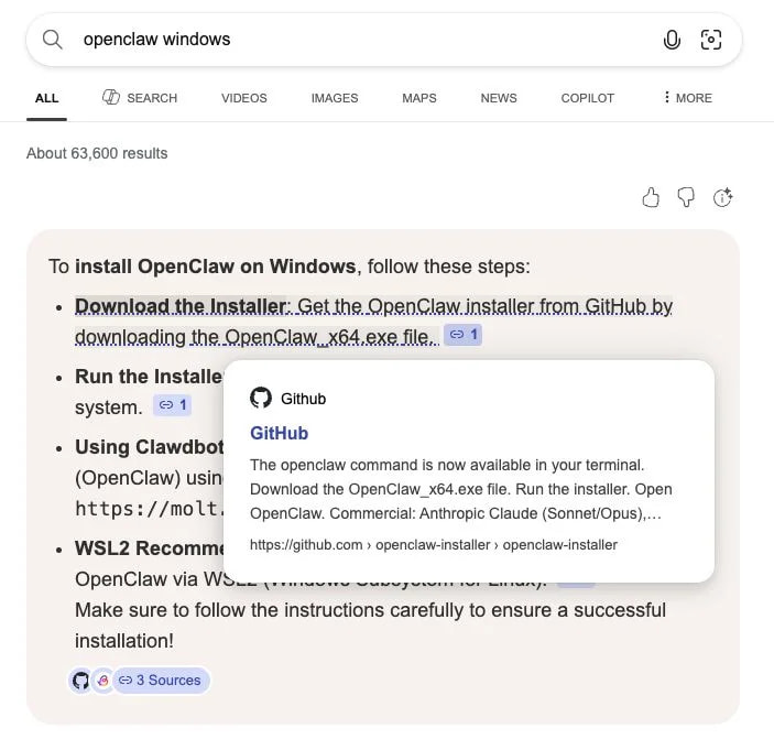 Malicious Bing AI Search results