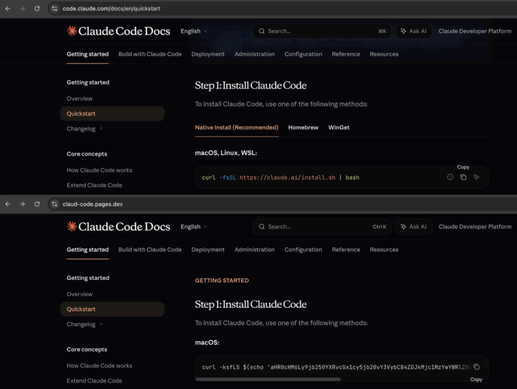 Legitimate (top) and malicious page (bottom)