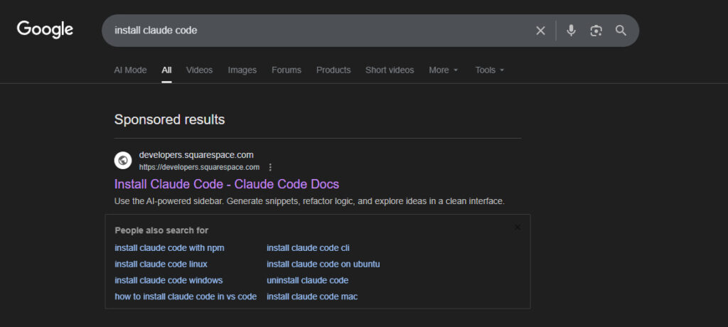 Sponsored Google search pushing fake Claude install sites