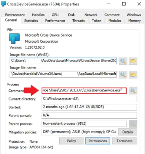 Command line argument to install the malicious CrossDeviceService.exe