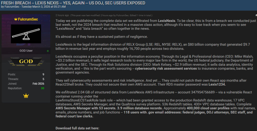 FulcrumSec's post for LexisNexis data leak