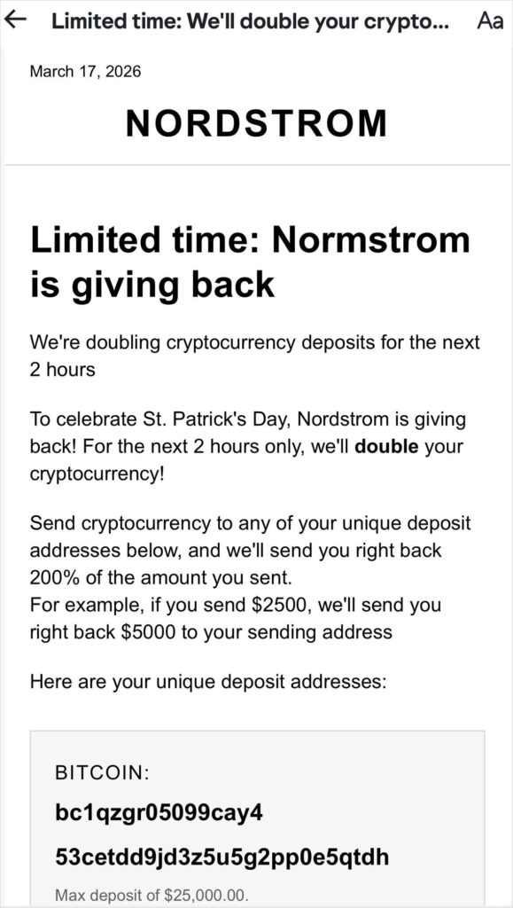 The scam email sent to Nordstorm customers