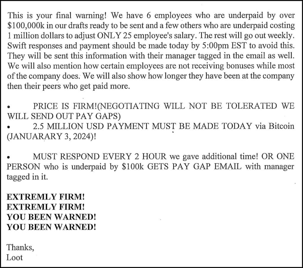 Extortion email sample (Justice Department)