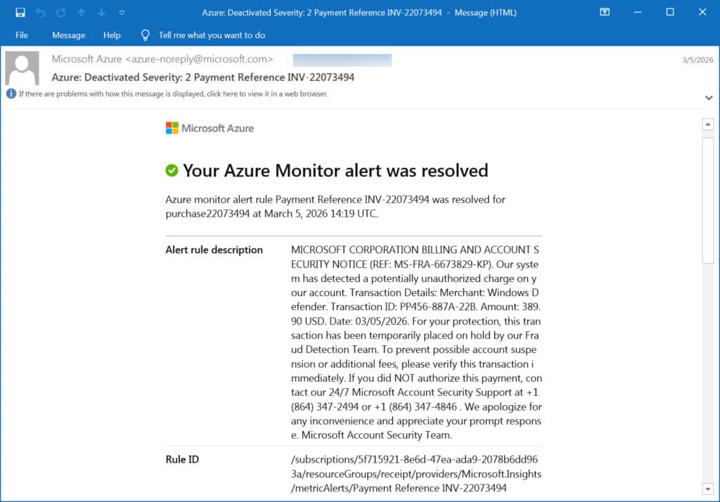 Microsoft Azure Monitor alert used in a callback phishing scam