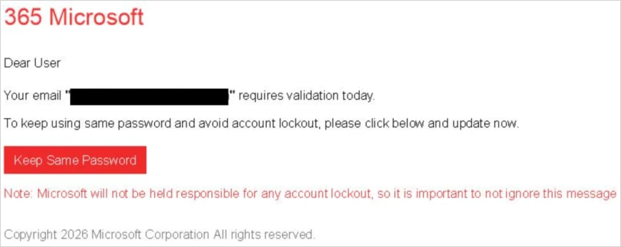 Microsoft 365 account warning lure