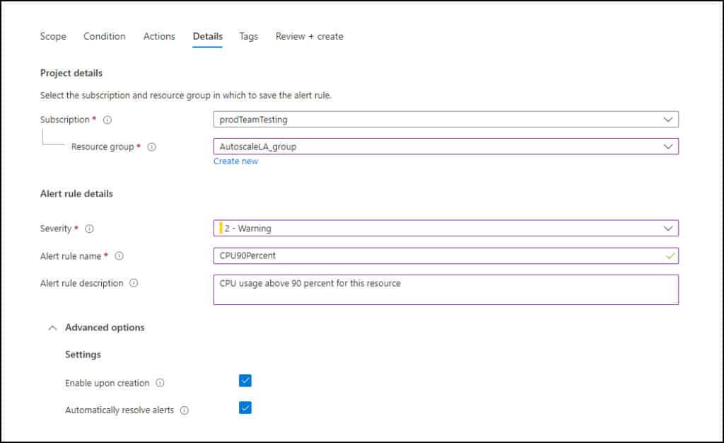 Description field when creating an Azure Monitor alert