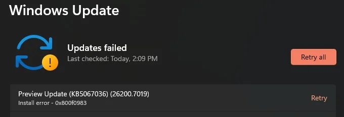 Windows update 0x800f0983 install error (AffectionateCar919)