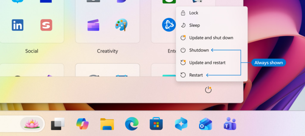 New Update and Shutdown options when updates are available