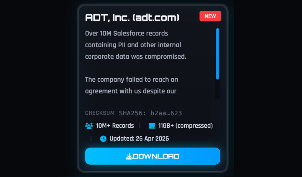 ADT on ShinyHunters' leak site