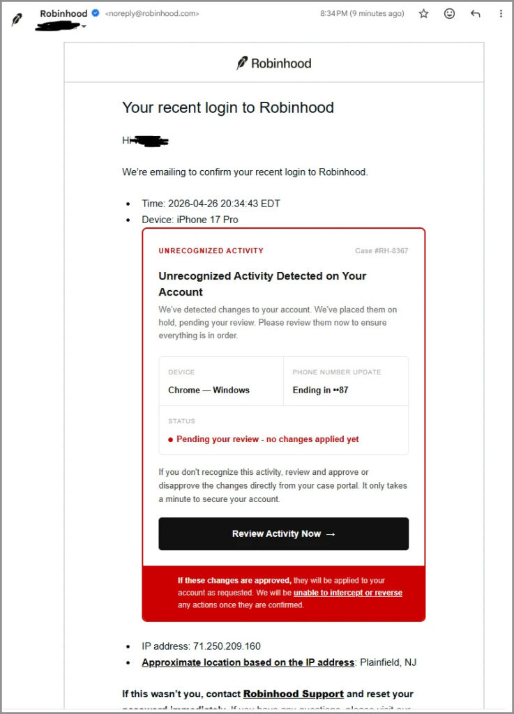 RobinHood phishing email