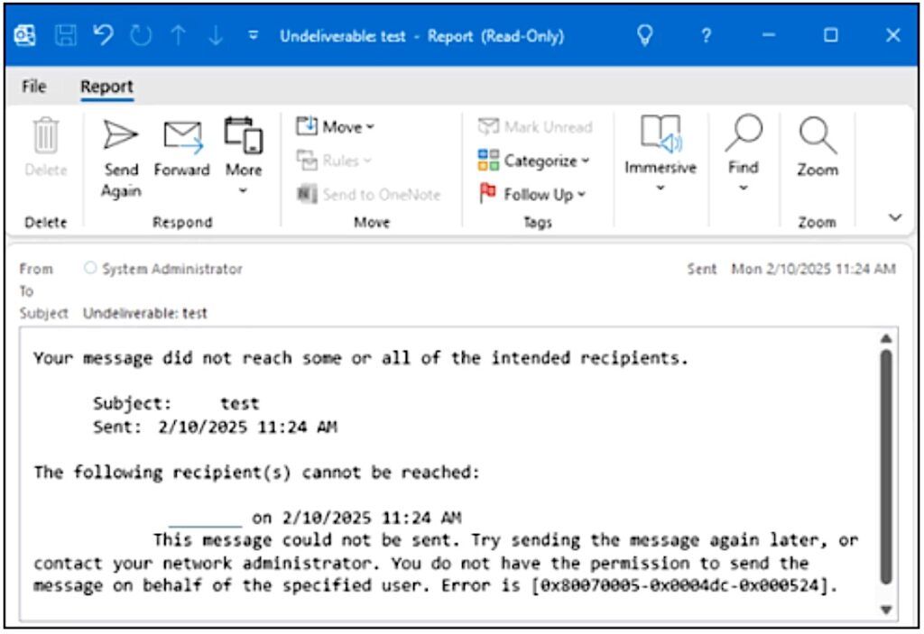 Classic Outlook non-delivery report (NDR) error (Microsoft)