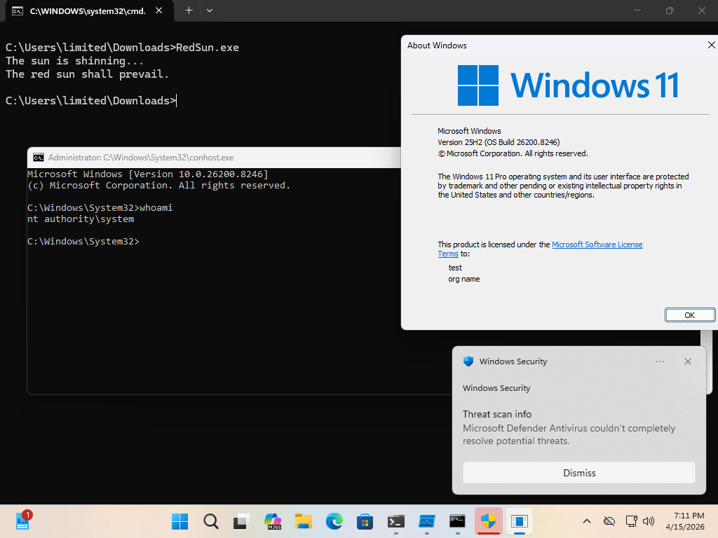 RedSun exploit granting SYSTEM privileges in a fully-patched Windows 11 