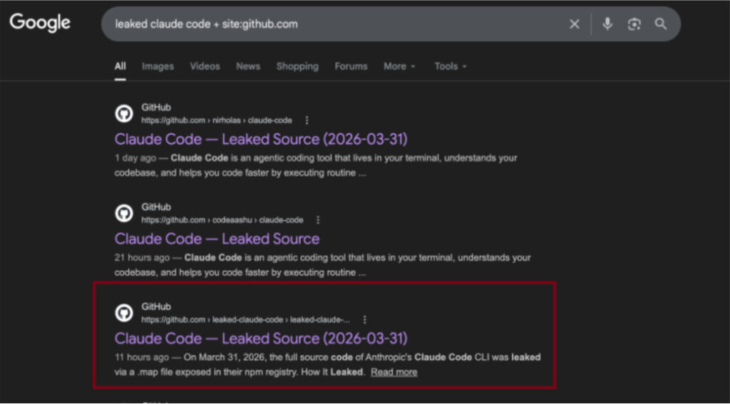 Search result for the malicious GitHub repo