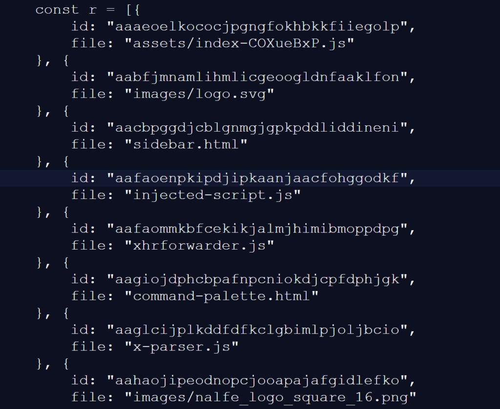 Snippet of the list of extensions scanned for by LinkedIn's script
