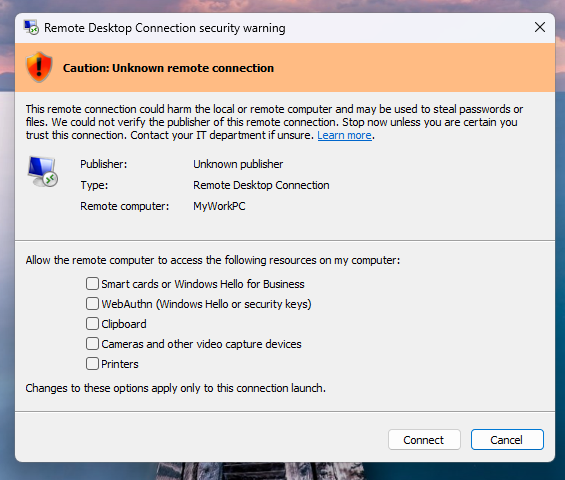 Remote Desktop Connection security warning (Microsoft)