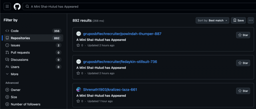 Github repos created with a description of "A Mini Shai-Hulud has Appeared"
