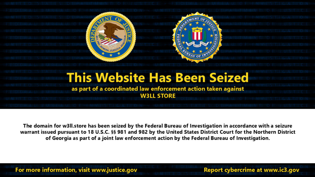 Seizure banner shown on the W3LL Store site