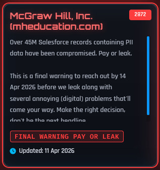 McGraw-Hill on ShinyHunters' extortion portal