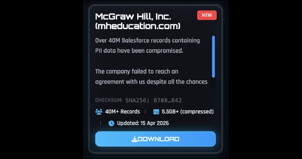 McGraw Hill entry on ShinyHunters' data leak site