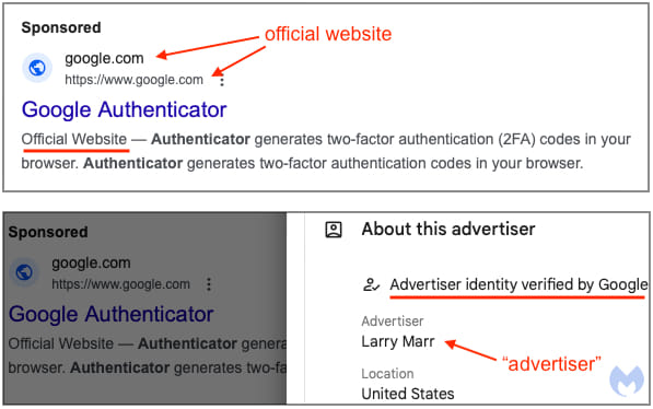Malicious Google ad impersonating Google.com